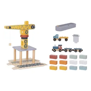 Dock Crane Wooden Toy Shipping Container Simulation Transport Playhouse Toy Tower Crane Model Toy With Lifting Function.