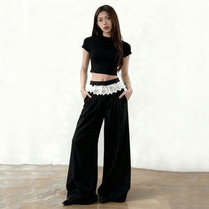 Pantalon de costume large noir pour femme avec taille haute à volants en dentelle blanche, coupe ample, décontracté, longueur au sol - Product Image 4