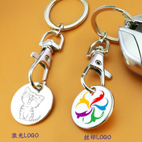 Porte-clés jeton de chariot de courses en métal avec fonction anti-perte, forme ronde, logo personnalisé gravé au laser pour supermarchés UE/US