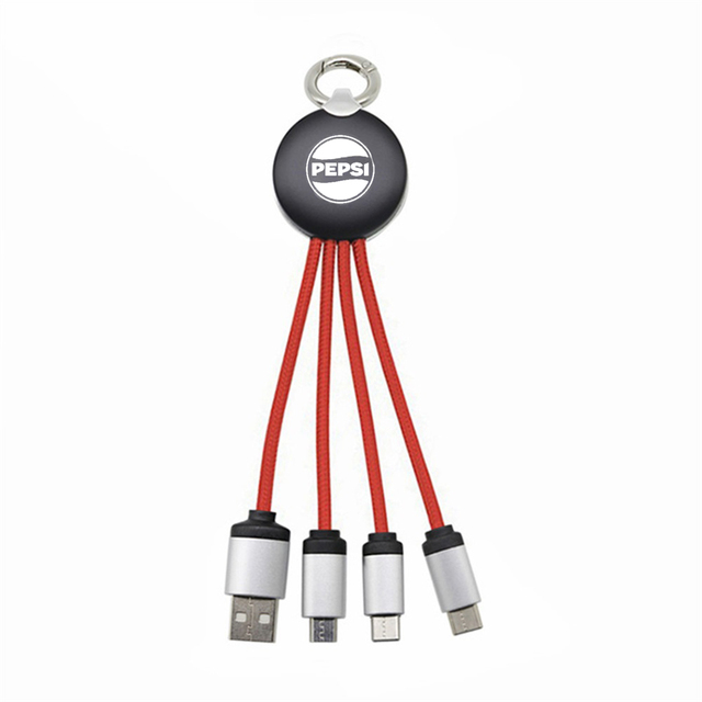 Custom Logo 3-in-1 USB Cable 6ft Braided Key Chain 3A Fast Charging Pure Copper Conductor LED Light Computer Barcode Scanner