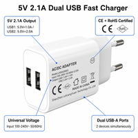 Chargeur mural double USB 10W 5V 2.1A, adaptateur de chargeur de téléphone avec prise fixe US EU UK AU, certifié UL FCC CE UKCA SAA multi-régions