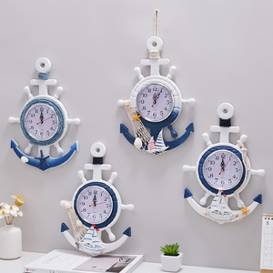 Mediterranean Style Ship Wheel Anchor Wall <b>Clock</b> Blue <b>White</b> Nautical Decor Battery Powered Single Sided - Product Image 2