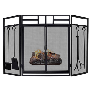 Oniya 3 Panels Black <strong>Fire</strong> Spark <strong>Guard</strong> Grate Large Steel Mesh Fireplace <strong>Screen</strong> with Tool Sets for Living Room, Bedroom Decor - Product Image 1