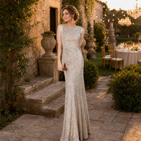 Robe de soirée champagne à sequins et dentelle, col bateau, ornée de perles et de franges, longueur ras du sol, sur mesure, vente en gros