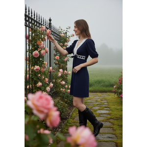 Vestido Corto Azul Marino Vintage Francés para Mujer, Cuello en V, Manga Corta Abullonada, Encaje, Cintura Imperio, Vestido Informal para Té con Lazo - Product Image 5