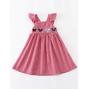 Popular Kids Boutique Online Patterns Red Plaid Smocked Ruffle Tv Mouse Baby Girl Dress Children Clothes Summer Wear