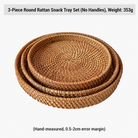 Ensemble de 3 plateaux de rangement ronds décoratifs en osier naturel avec poignées blanches pour table basse, service de nourriture et de pain, en rotin tressé à la main