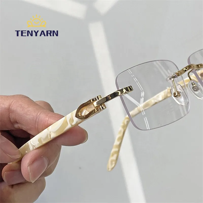 Tenyarn Upscale Custom Men Ivory Color Buffalo Horn Shape Small Square Sun Shades Glasses Trendy Rimless Sunglasses Women