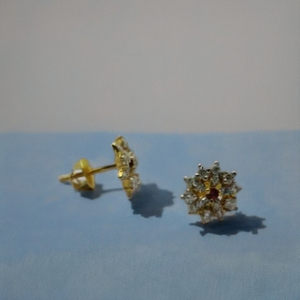 Elegant 22K Gold Floral <b>Stud</b> <b>Earrings</b> with Red Center Stone and Diamond Accents for Women - Product Image 2