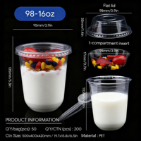 Gobelet à parfait en PET transparent personnalisé de 16 oz avec insert et couvercles, gobelet à dessert jetable en forme de U de 98 mm pour granola et fruits