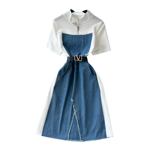 Abito Midi Estivo Elegante con Scollo a V e Spacco, Vestito in Denim Patchwork per <span class=keywords><strong>Donne</strong></span> - Product Image 5