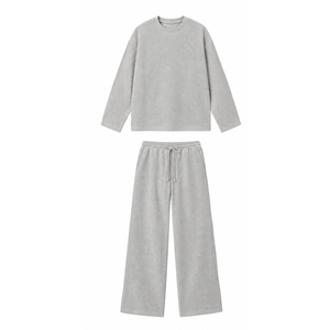 Ensemble de survêtement personnalisé en tricot gaufré pour femme – Sweat-shirt à manches longues et col rond et pantalon large pour l'automne - Product Image 3