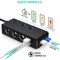 Adaptateur allume-cigare TR30 pour voiture, trois prises, quatre ports USB, interrupteurs indépendants, charge rapide QC 30, 120W haute puissance