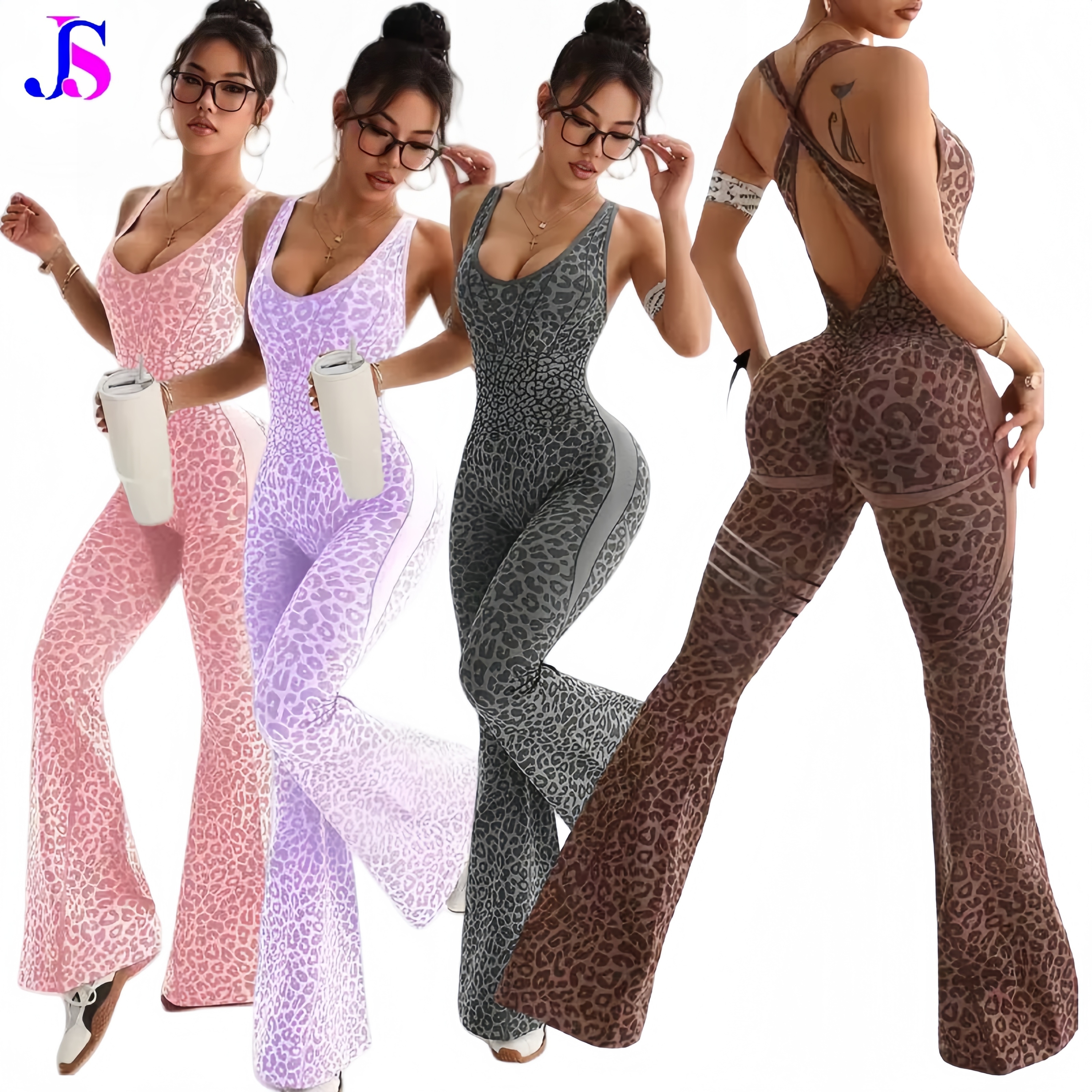 JINSI Women Leopard Cross Back Flared Yoga Bodysuits Gym Fitness Yoga Jumpsuit Workout Clothes Quick-drying Sportswear Shapewear