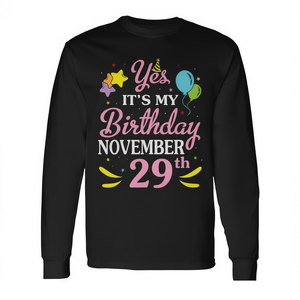 T-shirt a maniche lunghe per compleanno, 29 novembre, girocollo unisex, stampa digitale, abbigliamento da festa - Product Image 2