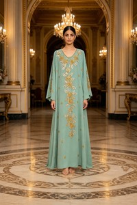 Robes Kaftan Col V Coupe Évasée Luxe Modeste Robe de Soirée Manches Longues Broderie Dorée Perles Chiffon Kaftan pour Mariage et Fêtes - Product Image 5