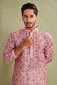 <b>Men's</b> Pink Embossed Cotton Traditional Regular Fit Ankle-Length <b>Kurta</b> for Casual Party Wear India Pakistan Style Breathable - Product Image 4