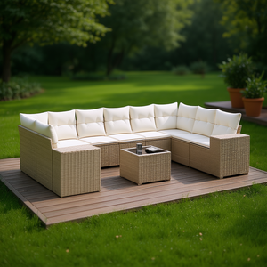 Ensemble de canapés de jardin beige, meubles en rotin d'extérieur avec coussins en mousse haute densité, design contemporain imperméable - Product Image 2