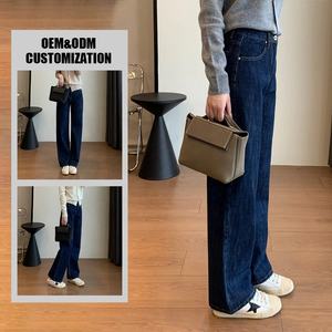 Atacado Moda Personalizada Lavado Em Linha Reta Calças Perna Larga Solta Fit Denim Tecido <span class=keywords><strong>Jeans</strong></span> Azul Escuro Womens Denim Femme Denim - Product Image 1