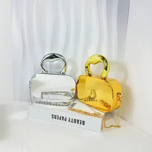 2024 New ladies fashion bags shiny acrylic golden party bag girls popular top handle metal purse