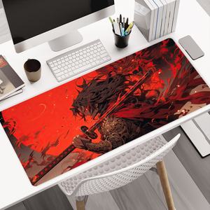 Tapis de bureau anime avec logo personnalisé, base en caoutchouc, noir et rouge, grand tapis de souris pour jeux, XL, tapis de souris anime rouge avec bords cousus - Product Image 1