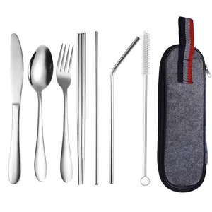 Set alat makan berkemah 8 buah, alat pemotong sendok garpu sendok sumpit baja tahan karat dengan kotak