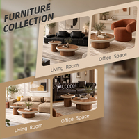 Ensemble de table basse ronde et table d'appoint hexagonale, surface crème, placage bois, pieds en blocs, pour salon moderne