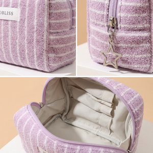 Trousse de Toilette Portable Rayée en Tissu Éponge avec Fermeture Éclair, Légère, Grande Capacité, pour Voyage - Product Image 3
