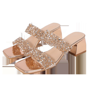 Sandales élégantes à talons carrés en strass, à enfiler, pour femme, idéales pour l'été, livraison directe - Product Image 5