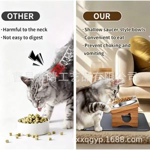 Comedero doble inclinado de madera maciza para gatos y cachorros, con soporte para el cuello, para uso doméstico y transfronterizo. - Product Image 1
