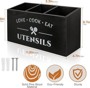 Portautensili da Cucina Rettangolare in Legno Rustico Personalizzato Mincord, 3 Scomparti, Organizzatore Vintage Stile Fattoria - Product Image 2