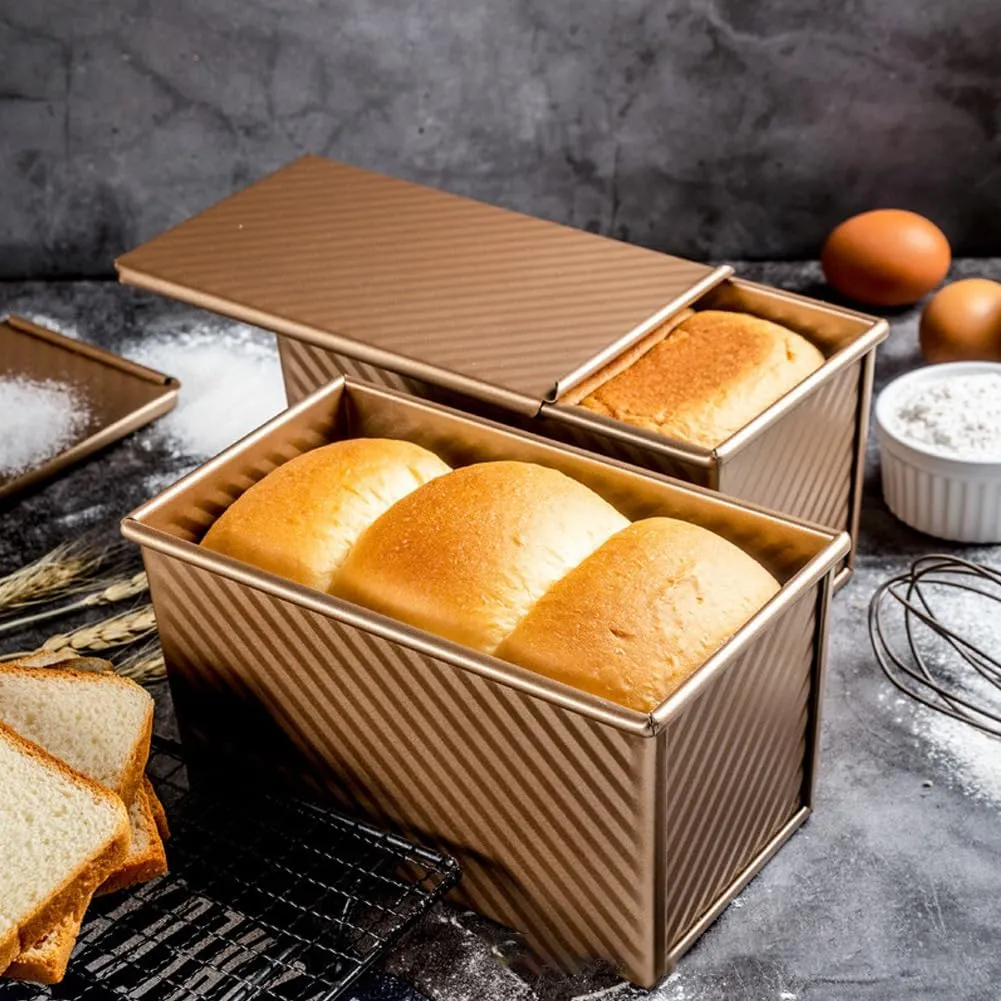 Oven pemanggang roti bergelombang emas, 1 lb kotak adonan cetakan roti baja karbon dengan tutup