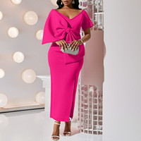 Robe maxi rose élégante grande taille pour femmes, décolleté en V profond, taille empire, volants, dentelle, longueur au sol, tissu en mousseline, trou creux uni