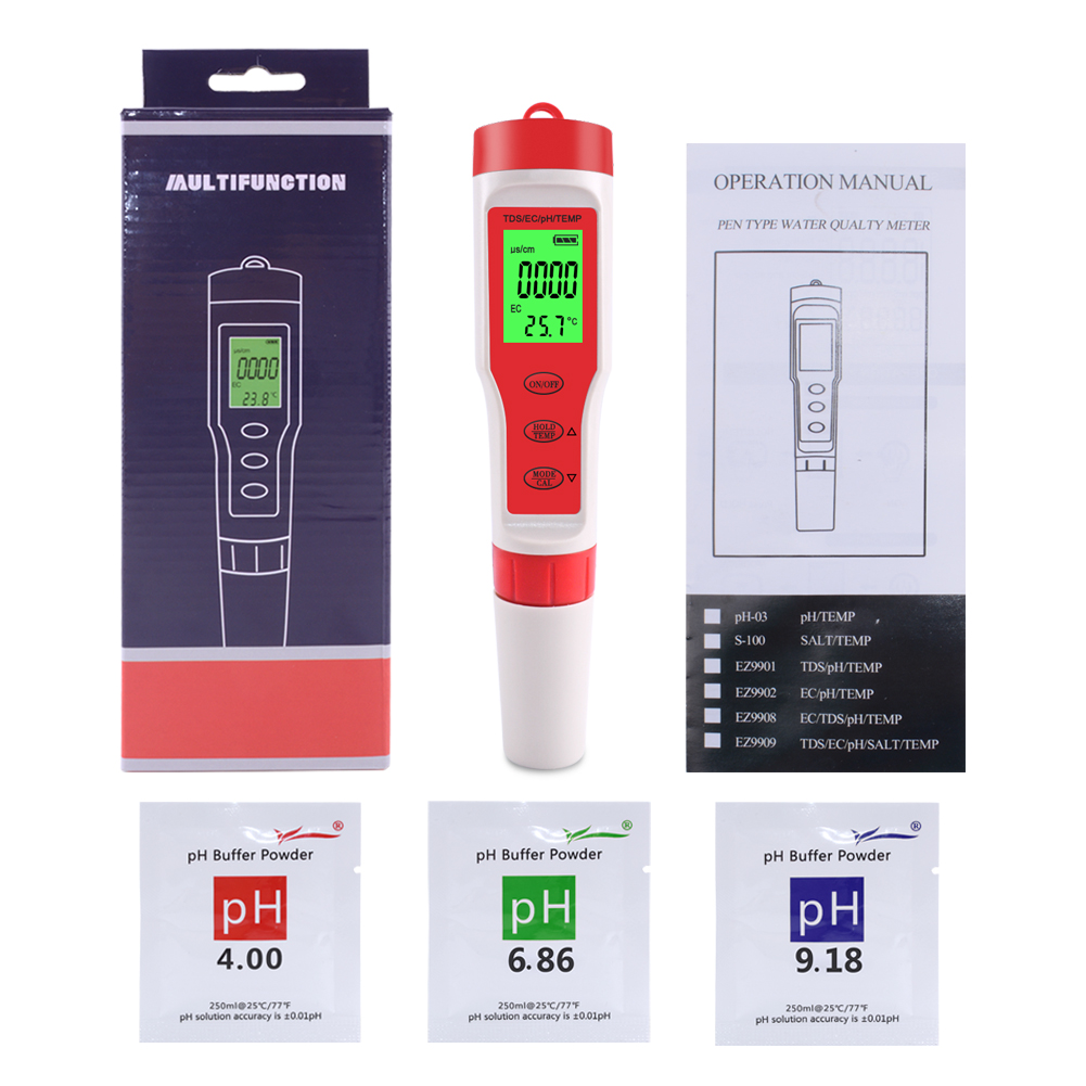 Testeur d'eau numérique 4 en 1 avec rétroéclairage Kit de test de qualité de l'eau EC/TDS/PH/TEMP pour piscines eau potable