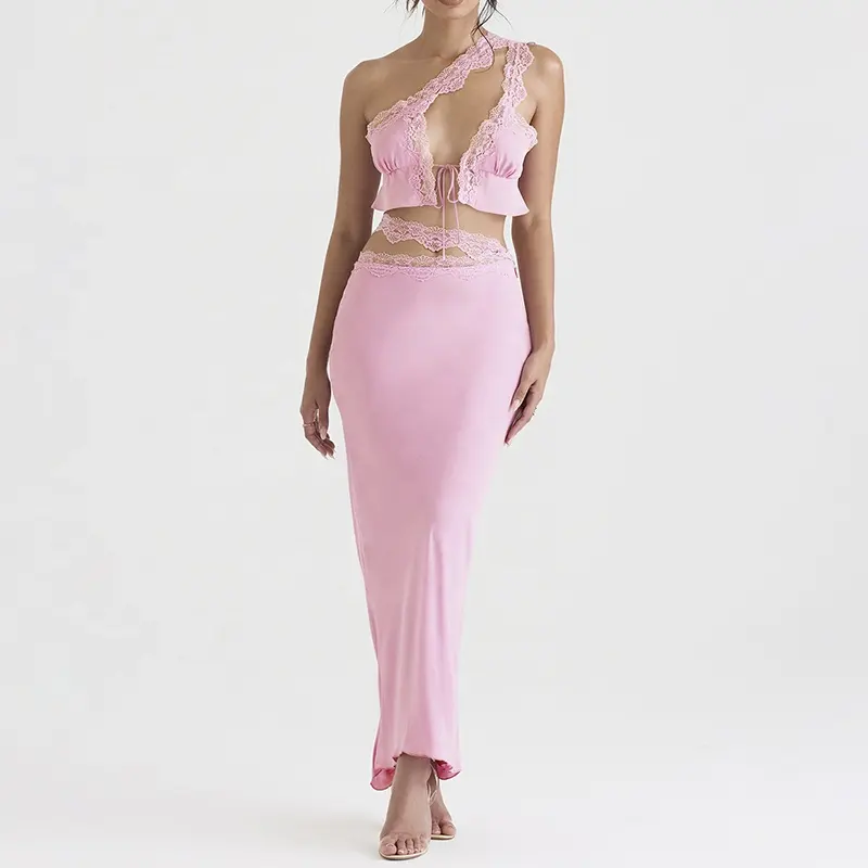 Women Fashion Clothing Designers Factory Oem Custom Casual Pink Lace Trim Maxi Skirt
