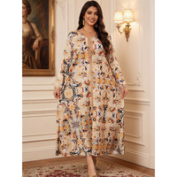 Gaun Abaya Panjang Islami Dubai Fashion Motif Bunga Cetak Floral Desain Gambar Tangan Muslim