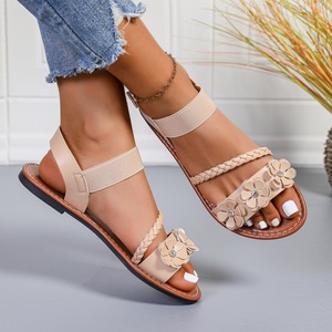 Ladies Summer Flat Roman Style <b>Sandals</b> Floral Embellish <b>Elastic</b> Ankle Strap Large Size Casual Beach <b>Sandals</b> - Product Image 2