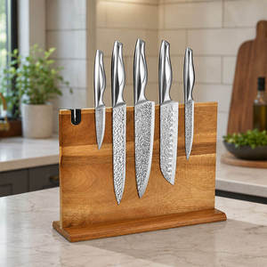 Ensemble de 6 couteaux de chef en acier plein creux avec manche en acier inoxydable et bloc magnétique en bois - Product Image 2
