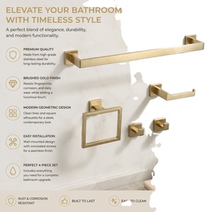 Juego de Toallero de Pared de Acero Inoxidable Dorado Cepillado Moderno, Accesorios de Baño, Ganchos Fijos, Diseño Cuadrado, 4 Piezas - Product Image 1