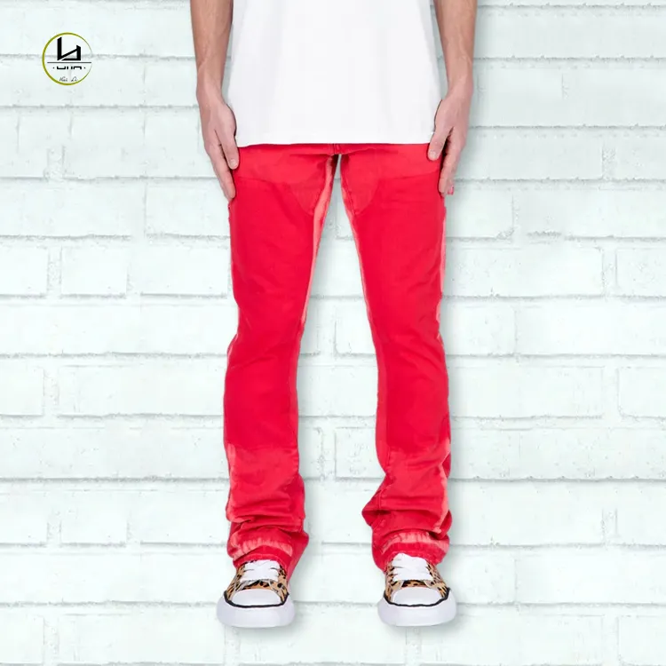 HuiLi wholesale hip hop custom acid wash denim pants stacked jeans men flare at leg opening red flare jeans