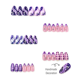 30 faux ongles de luxe en amande, motif léopard violet œil de chat, entièrement ornés de strass, style français, vente en gros - Product Image 4