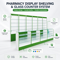 Vitrine de pharmacie avec écran LED, étagères à niveaux robustes, corps principal blanc + accents turquoise, comptoir en verre, 6 sections