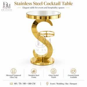 Table de cocktail ronde en acier inoxydable doré sur mesure en forme de S avec plateau en verre trempé miroir pour événements de mariage - Product Image 3