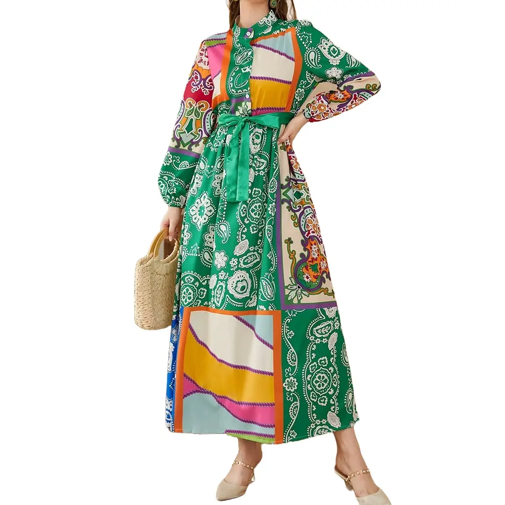 New Fashion Allover Print Color Block Pattern Mock Neck Long Sleeve Belted Dress Women Casual Sandbeach Holiday Shirt Dresses