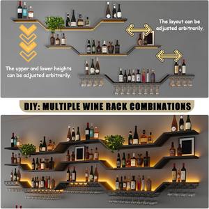 Portabottiglie da Parete 180cm Moderno con LED, Scaffale Galleggiante a 3 Ripiani con Portabicchieri, Grande Mensola per Liquori da Appendere - Product Image 4