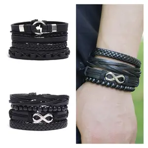 Nieuwe meerlaagse brede zwarte leren armbandensets voor heren groothandel 3-4 stuks vintage herenaccessoires anker blad uil armband - Product Image 4