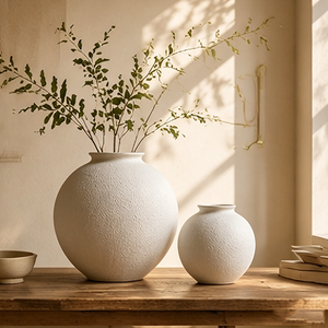 Set di <span class=keywords><strong>Vasi</strong></span> <span class=keywords><strong>in</strong></span> Ceramica Minimalisti Sferici Bianchi Opachi Texturizzati Fatti a Mano, Decorazione Wabi Sabi per Credenza <span class=keywords><strong>in</strong></span> Legno - Product Image 2