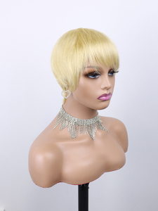 Pelucas <span class=keywords><strong>de</strong></span> Cabello Humano <span class=keywords><strong>Rubio</strong></span> al por Mayor con Flequillo, Cabello Virgen Vietnamita Crudo, Corte Pixie Bob Corto, Peluca sin Pegamento Hecha a Máquina - Product Image 2