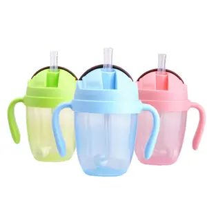 Baby sippy cup in 300ml korea multi-function plastic flask drinking water bottle with straw sipper for 6 month baby