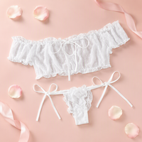 Ensemble de lingerie sexy pour femme, haut court épaules dénudées, string à volants, nœud en ruban de satin, pour soirée